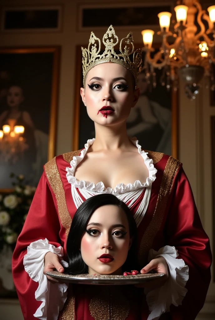 /imagine A girl,which have dear eyes and long neck coral Leps ,long black hairs fair color,with red lenhga.sitting on a royal chair.and a mukut on her head.