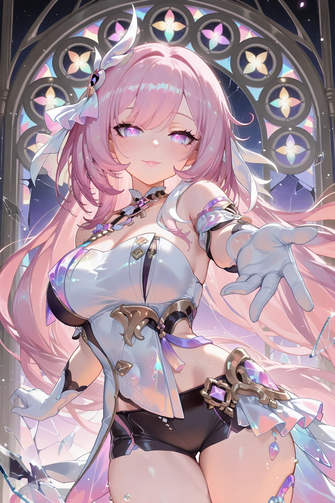 masterpiece,detailed,shiny skin,one woman in her late teens,Beautiful jpn-woman,(evil fallen magical girl),villain,femdom,(long pink blonde hair),(((pink tattoo below the navel))),(Delicate and intricate ruffled lace dress in pink and white and black),((holding black and pink evil magic wand in hand)),intricately designed details,(pink and white crotch high boots),(pink and black long gloves),super big breasts,big ass,(Chubby body type), (thighs focus),((Pasties)),(bottomless),(maebari),bewitching smile,((Standing on a shining magic circle)),(black evil hair ornament),whole body from the front,blush,five fingers,((church of evil)),night,