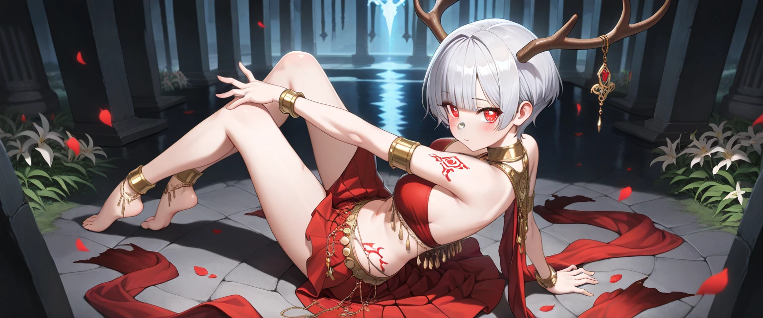 1boy, fitness, femboy, Ruby necklace, raised white socks, pink sneakers, masterpiece, HD, vibrant, full body vision, day, red panties, short female hair, white hair, tiara, gold watch, rings, defined body, condom in mouth