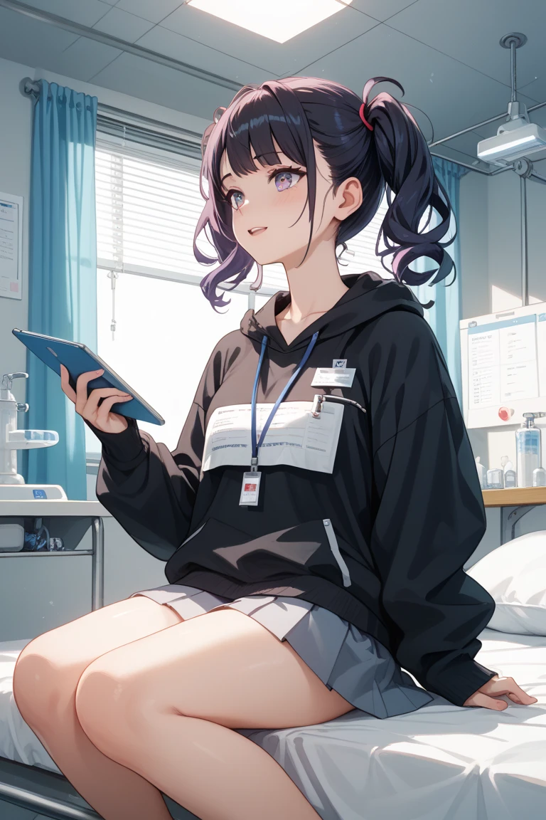 put on a hoodie hood, Play UFO Catcher at a game center, Wear a white hoodie, leaning forward, Describes the background extensively, blush, Wear black knee-high socks that go all the way up to the thigh., hair behind ear, short hair, expressive hair, over-rim eyewear, x hair ornament, hair dyed brown, Depicts the subject at 30% of the angle of view, anime style, anime, from below, best quality, super detail, textured skin, UHD, 4K, anatomically correct