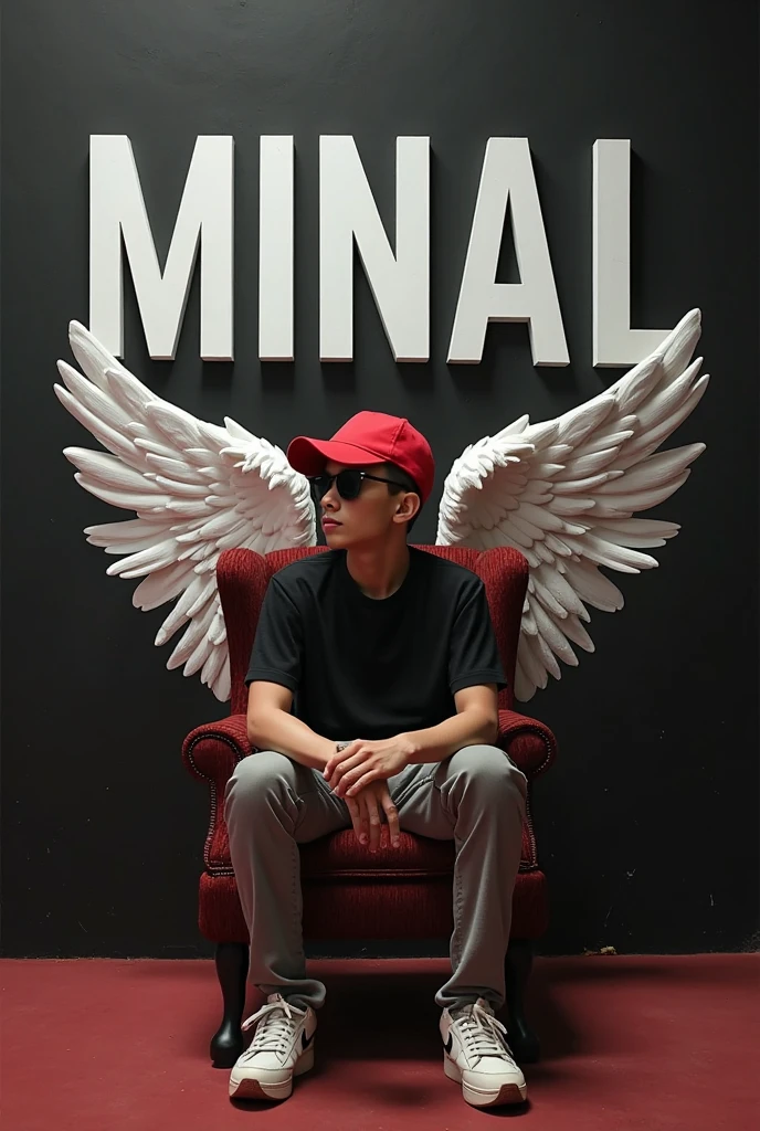 Create a 3D illusion for a facebook profile picture where a boy in a black shirt sits casually on a Wingback Chair. Wearing sneakers ,a black cricket cap, and sunglasses, he looks ahead. The background features "Im khutz" in big and capital white fonts on the black wall. There should not be his shadow, and there are wings to make it appear as if he is an angel