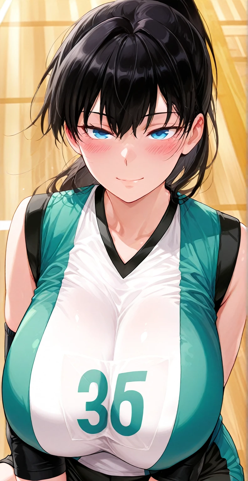 Sasaki Kanna who plays gesugao, Yellow Tank Top, underboob, Sweat, Black hair twin tails, Big Breasts, Smile, Naughty smile, A foolish smile, Drooling, Sweaty big tits, Sweat dripping from the lower breast, A triumphant smile, Guess face, Looking down on me, Primary school students, Eyes Wide Open