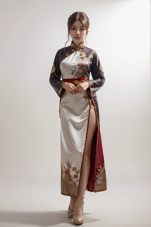 ((best quality,4k,highres,masterpiece:1.2)),((character concept art)), 1 man, age 25, Chinese Hong Kong, Hong Kong Elite, eldest sister, triad male leader, Known for her impeccable fashion sense and elegant demeanor, she is a true embodiment of the Versace brand. His body language is as captivating as his style, always exuding confidence and high fashion. (((he's wearing an exquisite Versace Barocco-print Shirt in Silk and Barocco-print leggings gold-tone/white/black, a true testament to the brand's luxurious aesthetic.))) Paired with Versace Tribute Sandals, she carries her ensemble with an air of effortless sophistication. Her accessories include a pair of Versace Tribute Sunglasses, enhancing her overall look. ((intricate detail)), super finely detailed hands, ultra finely detailed fingers(((ten fingers))), (standing still with confidently), (full body showcase), (show full body), (no logos on background), (no logo), ((plain background)), ((plain background)), (((empty background))).hot man, hot male , hot man , very small spikey boyish haircut, hot man