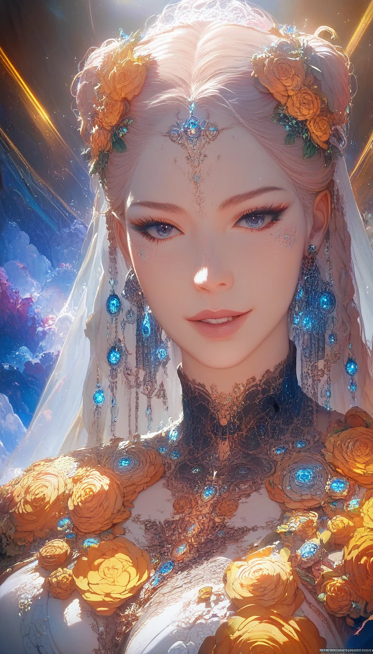 (masterpiece,Ultra-high resolution, high resolution, 8k,  Octane, Intricate details)
This is a realistic fantasy art piece featuring a realistic Goddess of Light, Glittering ice crystals are falling, sparkling finely.,Beautiful fractal art,A faint swirl of smoke, And a beautiful middle-aged Scandinavian woman with a beautiful face,gloss々Her blonde hair, with lots of curls, flows dynamically, creating an interesting composition.。. Her face is expertly sculpted, Elegant and sophisticated features with perfect shading and realistic skin texture. Her upper body (Turquoise and gold eyes) is a wonderful thing、Her aura of light is the focal point of this image.. (Her eyes are extremely detailed, Beautiful attention to detail, macro). 彼女 eyes feature intricate detailing with clearly defined irises and bright sclera. She is wearing a long, covered dress with a classic pattern.,Long sleeve,詳細で宝stoneで作られたドレス,soft lips are smooth and very puffy, Her skin is pale flushed and adorned with gorgeous classical patterns.. 彼女 long gown is stunning and expensive, Made of pure ice and shining light,光の中できらめく華やかな宝stone. 彼女 billowing gown glitters from the flames and features a delicately and intricately embroidered bodice with wisps of flames running across it. Include fantasy elements such as bumps, stone, iris, silk, And an interesting background. Include magical creatures such as birds and butterflies that give off a magical and mystical aura.. Lighting: Enhance your artwork with the latest lighting trends. camera: Use dynamic composition to create tension and excitement. Take inspiration from current masters of the fantasy genre, Including popular artists on Artstation and Midjourney. ((masterpiece))