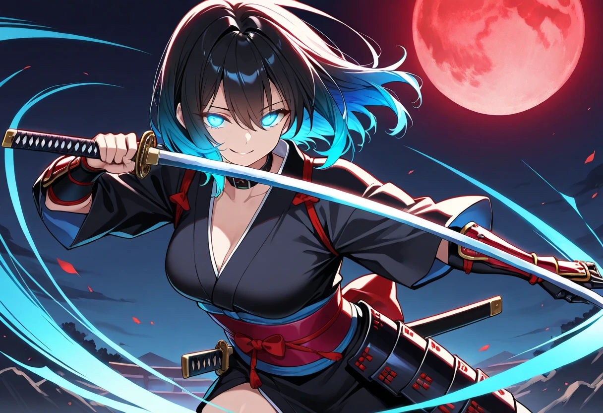 (Super detailed, ultra hd, 8k, best quality, masterpiece, super realistic) girl, alone, red hood, ronin cloth, cyan eye, realistic eye, detailed eye, shining eye, holding lightsaber, blue lightsaber (war, bloodlust, intense situation, serious environment, night)