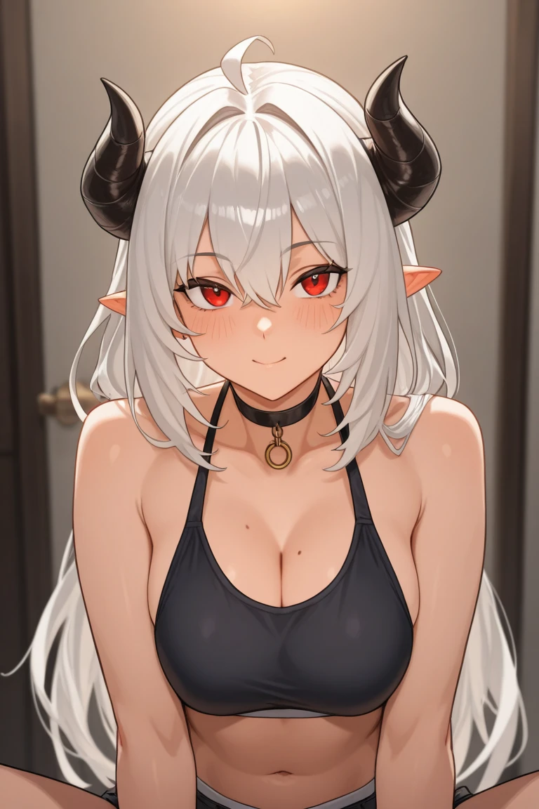 1girl, black_sweater, demon_girl, demon_horns, glasses, grin, open mouth, horns, looking_at_viewer, navel, skirt, (red_horns), sharp_teeth, ponytail, white_hair , smile, sweater, underboob, covered_nipples, bare shoulders, turtleneck_sweater, natural large breasts, pointed ears