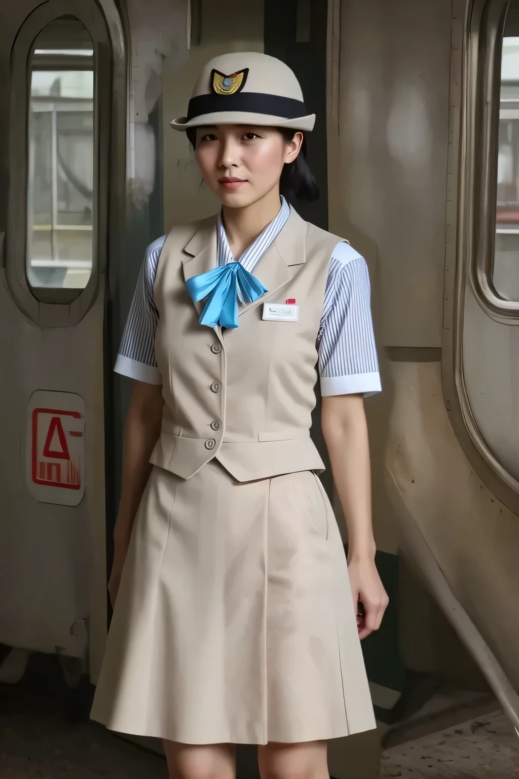 (masterpiece:1.2, Highest Quality:1.2), 32kHDR, high definition, (alone、one girl on break day)、( Daytime building roof 、Professional Writing)、With the roof of the building in the background 、(JR WOMAN Train Crew Uniform Beige Real Style)、((JR WOMAN TRAIN CREW UNIFORM BEIGE LIGHT BLUE BLOUSE SHORT SLEEVE 、 Knee-length culottes skirt、 beige vest、scarf))、、dark brown hair、(long hair、 Dot-like hair、 Dot-like hair)、dark brown hair、 long hit 、Big Breasts、 Continue reading 、(( amazing hands :2.0)),((A harmonious body shape:1.5)),((normal limbs:2.0)),((Don't make a JR Gran Class flight attendant uniform with pink decorations on the sleeves:2.0)),(( clock:2.0)),((Normal eyes:2.0)))、smile、(JR Woman Train crew uniform beigeのKnee-length culottes skirtを見せた美しい立ち姿)、black high heels