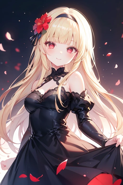 Blonde Hair, Curly Hair, Expressive hair, Hair Ribbon, Crystal Earrings, Pop Art, Cowboy Shot, ((masterpiece)), Textured skin, (Super detailed), Attention to detail, highest quality, Noble, Adult female, ((Princess)), (Gorgeous dress), Exposed shoulders, Silk gloves, Colorful flowers