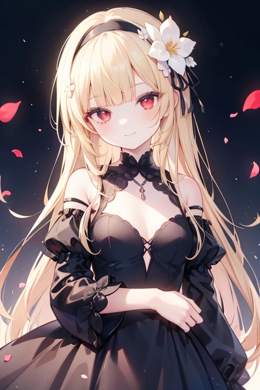 (masterpiece),(best quality),(ultra-detailed),(best illustration),(best shadow),(absurdres),(detailed background),(very aesthetic),eve meitner, 1girl, long hair, gloves, solo, elbow gloves, dress, blonde hair, yellow eyes, halo, lying, black gloves, looking at viewer, lying on bed, on bed, pov, from above, <lora:evemeitner:1>