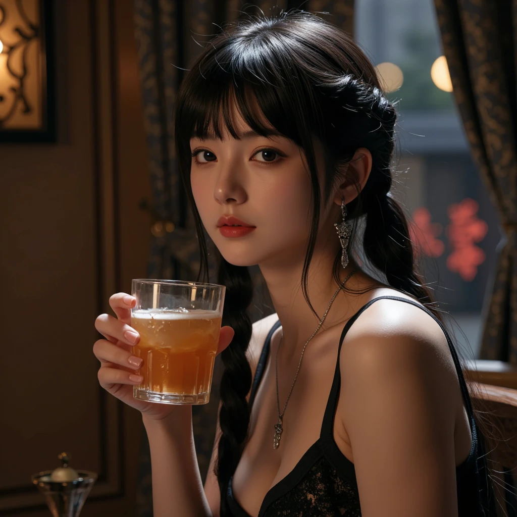 Look up,filmg，demi-corps，OriginalPhoto，While drinking lemon juice，Lemon slices for garnish，Empty table，Burgundy leather coat，Exposed shoulder，silverlong hair，Lemon slices in a water glass