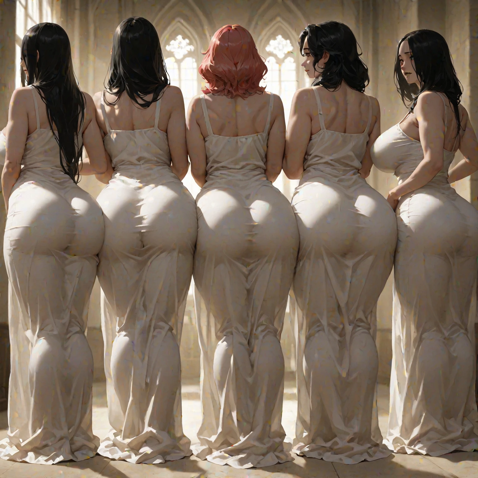 (Full Body of Extremely Detailed((Sexy Maid Group in a row:1.37))), KAWAII perfect face, Reflective Eyes, Detailed(Delicate Clothing textures), Correct Leg Line, Dynamic Joyful Expressions LifeLike Rendering, Specular Reflection, TopQuality 8K Ultra-detailed masterpiece (ProfessionalPhoto:1.37), (Acutance:0.8), (Luminism:1.28), Renaissance art style, Colorful Light particles, ((Full body from side)), {MicroMini Skirt|Kissing Face to Face|Thigh Gap|Roundly Tiny AssFocus|(NakedApron with (Overflowing Sideboob))}, Radiant Fine Skin with Transparency, {Pink Hair|LightBlue Hair|Platinum Blonde|Pure White Hair|Liquid Hair}, Perfect Lighting
