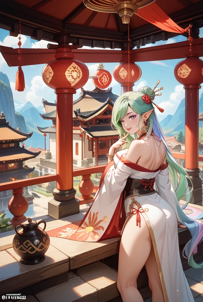 A DJ Buddha mixing music outside a Hindu temple on the beach next to a young tantric priestess in loincloth with tattoos and percings Photo Realistic --auto