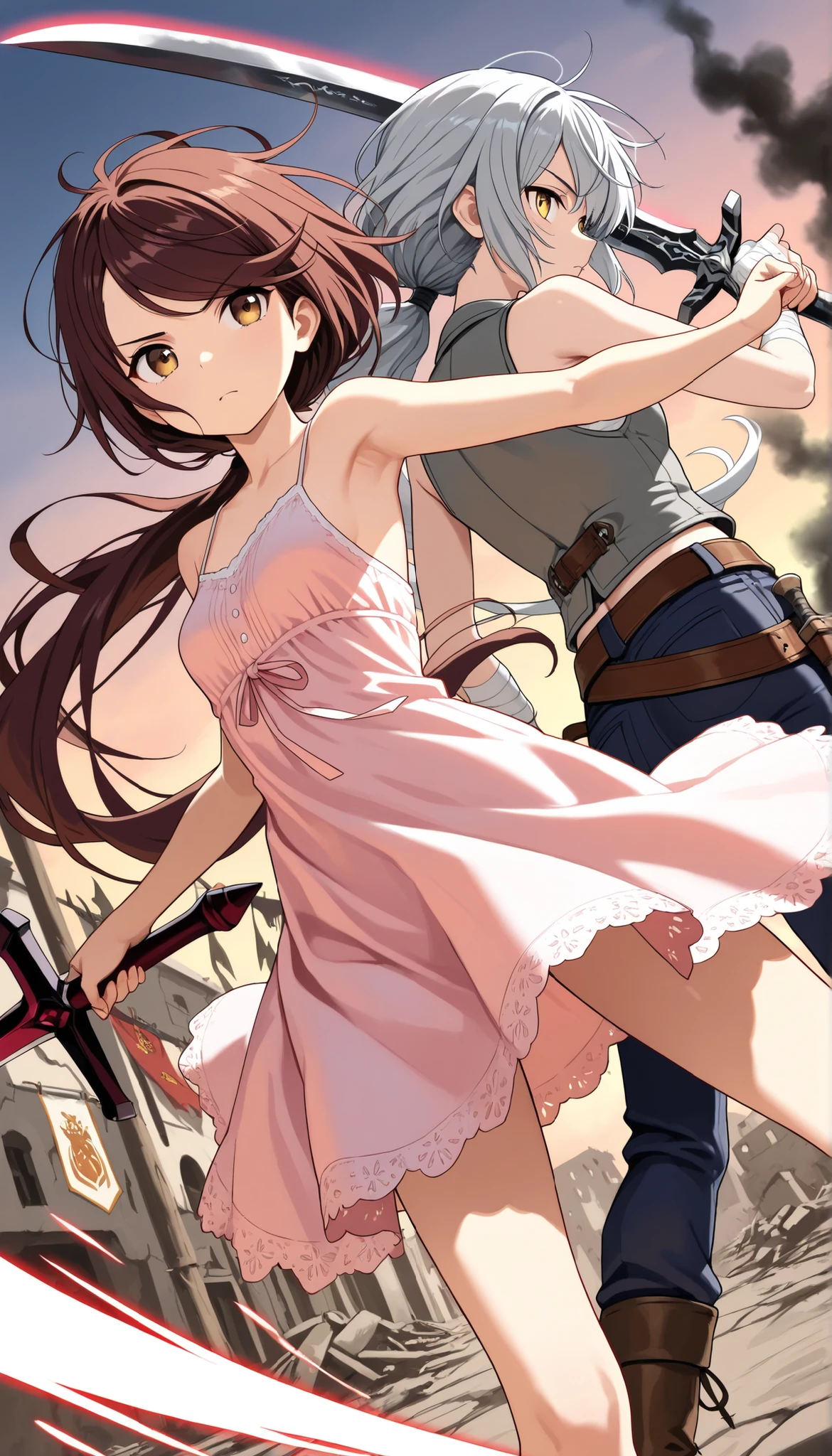 (Masterpiece, best quality), intricate details, JK, highly detailed, intricate details, 2girls, back to back, action pose, dynamic angle, character: messy hair, brown hair , brown eyes , very long hair ,low ponytail, swept bangs thin , small breasts , bare shoulders , pink sundress , backless sundress , bandaged hands , spaghetti strap sundress , sundress with white frill trim , brown belt , brown combat boots , dagger sheathe attached to belt, character: messy hair, yellow eyes, upper body, long hair, gray hair, low ponytail, light skin, yellow eyes, gray sleeveless vest with white frill trim,thin, light gray sleeveless shirt, dark blue trousers, thin legs, thin thighs, dark red swordbelt, armpit, sword sheathe, sword pommel, slashing sword, holding sword, brave perspective, holding sword, battlement, smoke, banners flapping in wind, dusk, ruined town below,