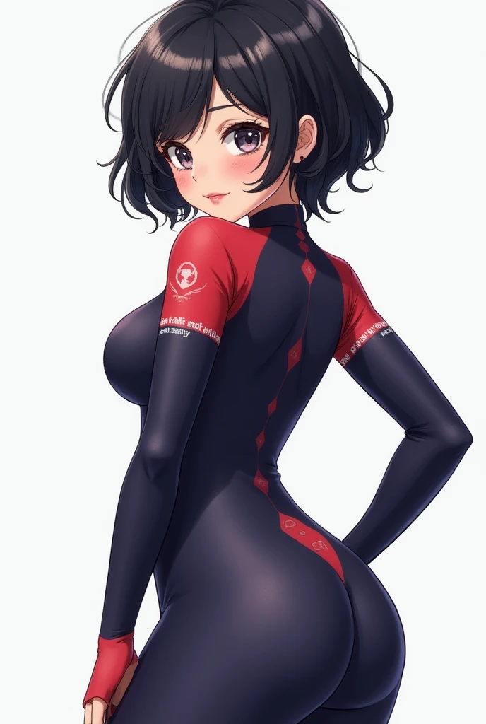Top image quality,Realistic and detailed image of a girl. Black hair bun hair. Eyes are blue.Half eye , long eyelashes. She has small breasts, Slim waist, wide  hips,A slender. sleepy expression, Rider Suit