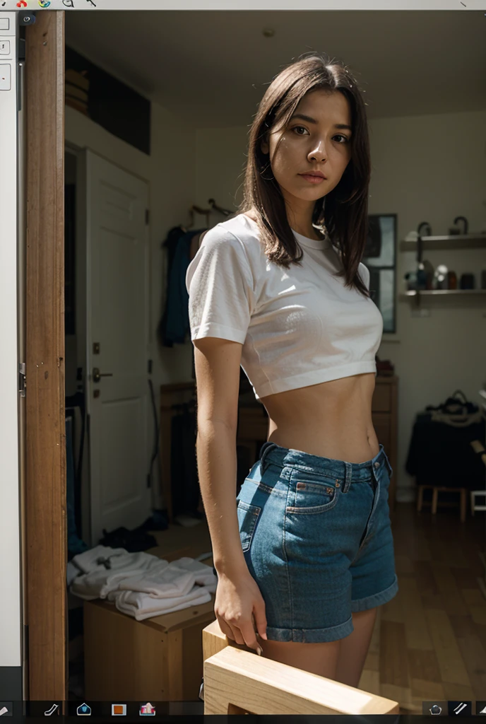 Ultra détaillée, mains réalistes, mains parfaites, belle femme, seulement, poitrine généreuse, Photo, appartement clair, corps entier, esthétique de la photo, Est'essence de la vraie vie, cheveux couleur brune, Vingt ans, joyeux, Ciel cristallin, style analogique, grain de film, meilleure ombre, primitif, EstUT Instagram