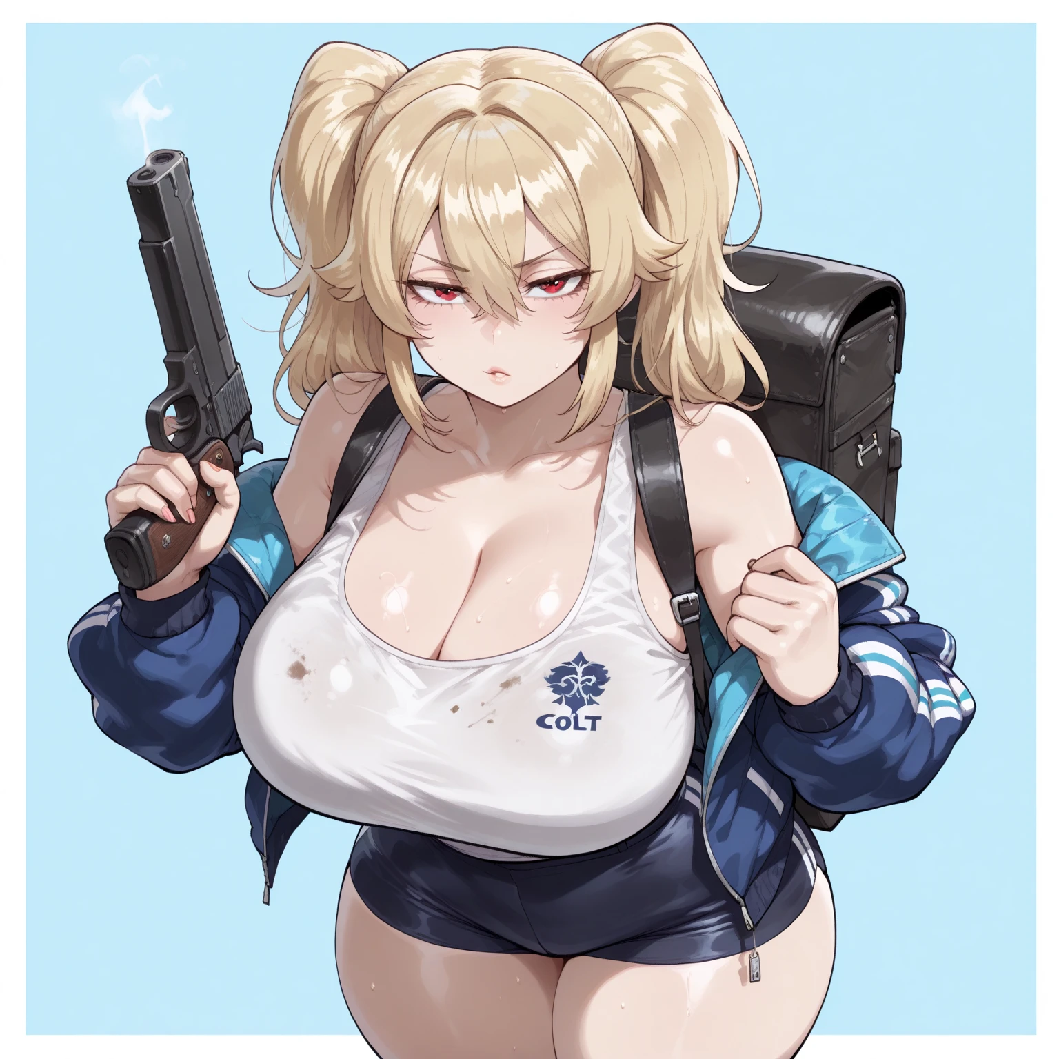 Young girl, Pullover, yellow bikini, mini bikini, whole body to see, disgusting face, angry, scream, pigtails hair , (( very wide hips)), (((colossal Thighs, gigantic thighs, very huge thighs, very big thighs))), fullbody, platform heels, tanned , brown skin, big breast, gun, soldier girl , leg garter, standing, front pose, blonde, black skin, ebony,