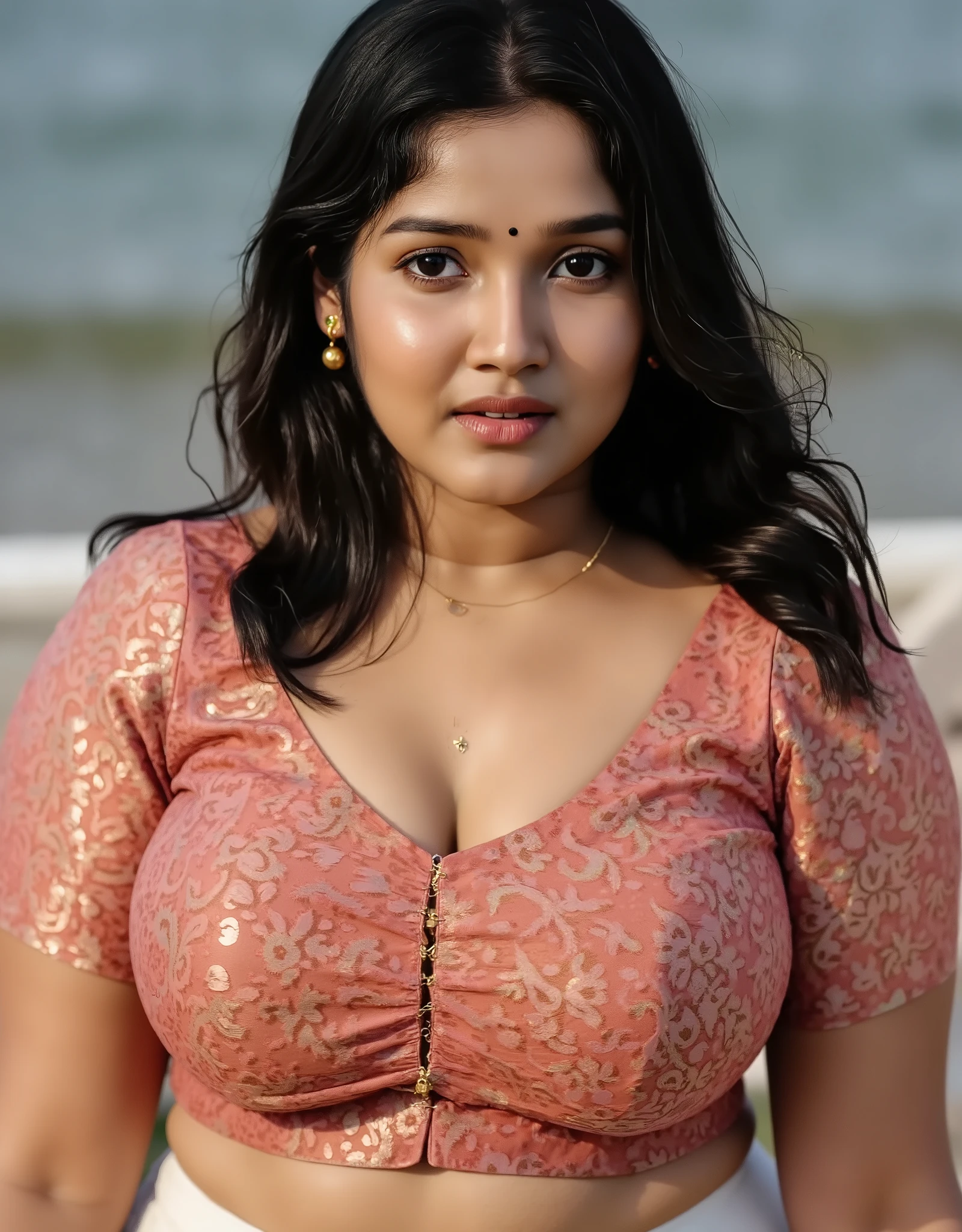 An indian 30 yr girl with big breasts,wearing embroidered blouse, visible navel standing outside, in beach