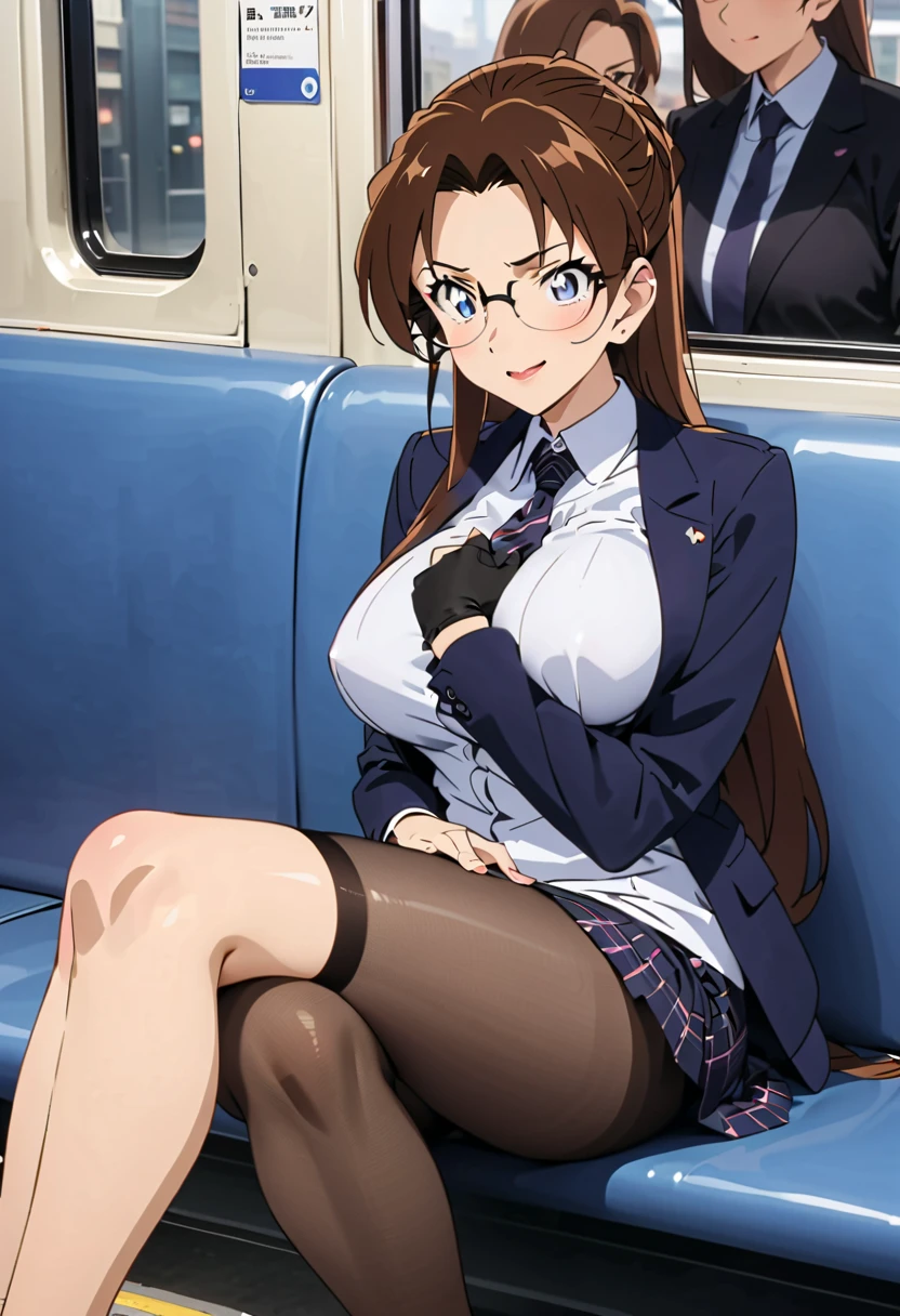 sitting on red train chair, (spread her legs), (white panties), blue jacket, blue suit , red bow tie, (blue pleated skirt), white shirt, (inside train background), sunny, Kamiki Mirai, mature woman, anime cels style, best quality, high resolution, 1girl, (huge breasts:1.2), beautiful face, Beautiful Finger, Beautiful long legs, Beautiful body, Beautiful Nose, Beautiful character design, brown hair, Long hair, bangs, blue eyes, looking at viewer, cowboy shot, smiling