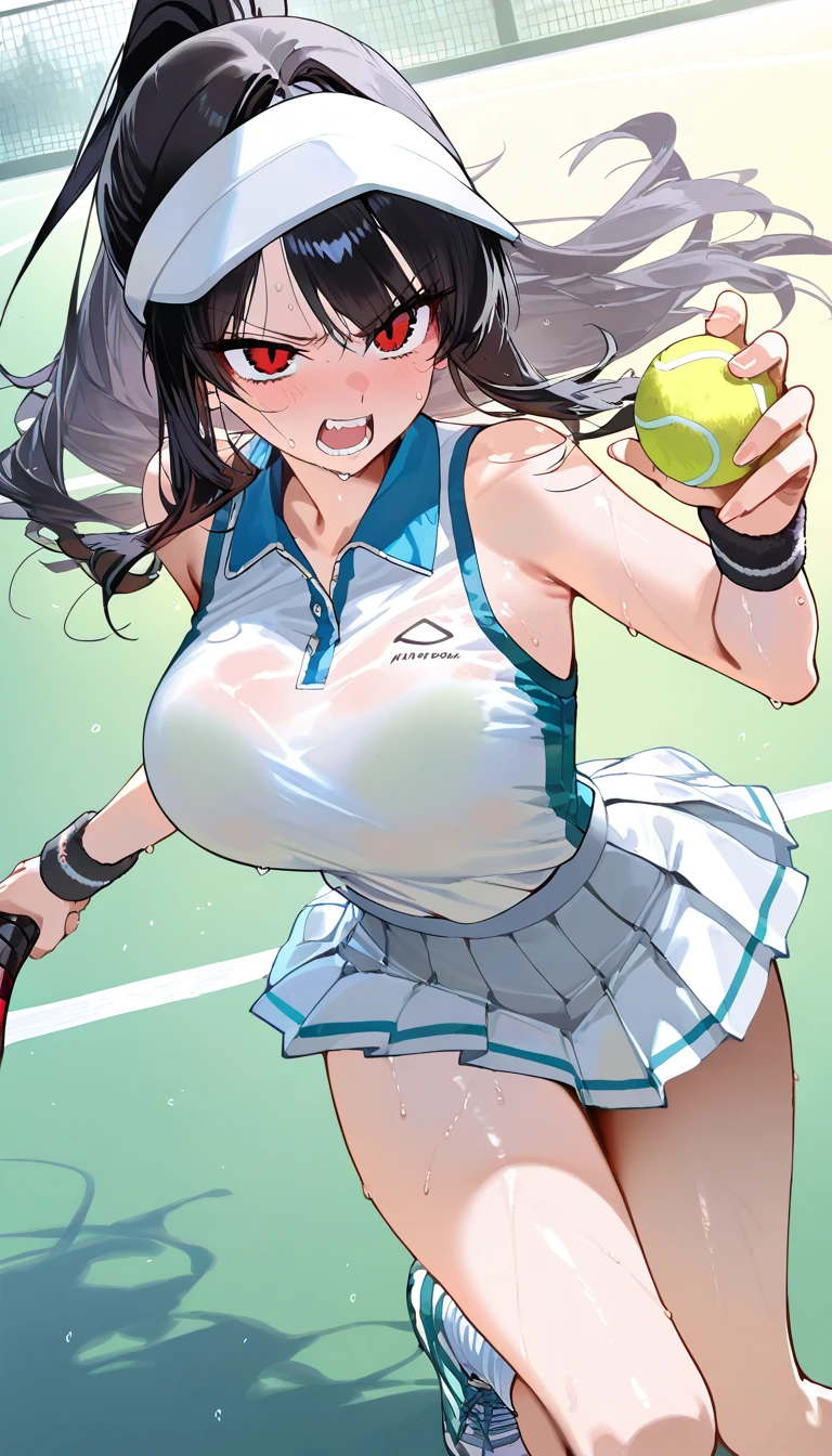 (beautiful girl : 1.3),1 girl,(tennis wear,pleated skirt,wristband,sneakers,sun visor in address),black hair,wave hair,anger, abusive,sweat,Tennis Rackets,the moment the ball hits the racket with her forehand,tennis ball,tennis court,active,Dynamic Angle,masterpiece,Highest Quality,rich contrasts,high image quality,8k,High Definition CG Unit Wallpaper,texture,unbelievably absurd, RAW photos ,Deep Boundaries 1 .2,very detailed from below si