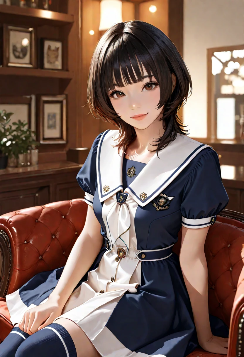 (Captivating Charm of a Schoolgirl) Discover the captivating charm of a schoolgirl adorned in a premium-quality private school uniform. Her sleek short black hair, accentuated by a stylish fringe, beautifully complements her alluring yellow almond-shaped eyes. Her fair, white complexion adds a touch of innocence and purity to her appearance. This CG artwork brings every aspect of her enchanting presence to life, from the impeccable tailoring of her uniform to the gentle curve of her smile, capturing the essence of a girl who effortlessly embodies elegance and poise.