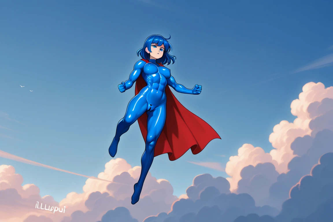 (Masterpiece) (High Detail) (High Res) A short little slim humanoid girl with pale human skin and blue eyes and long blue hair and blue dog ears and a fluffy blue dog tail and average breasts. She is dressed in a superhero costume. A brightly coloured Leotard with gold trim and a large red cape. Pale skin. She looks proud. She is flying off the ground over a city.