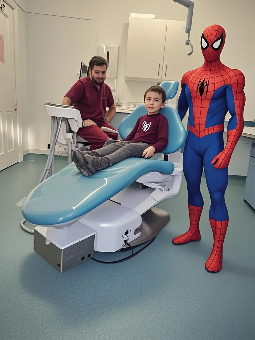 Spiderman with a doctor's apron performing a tooth healing on a child
