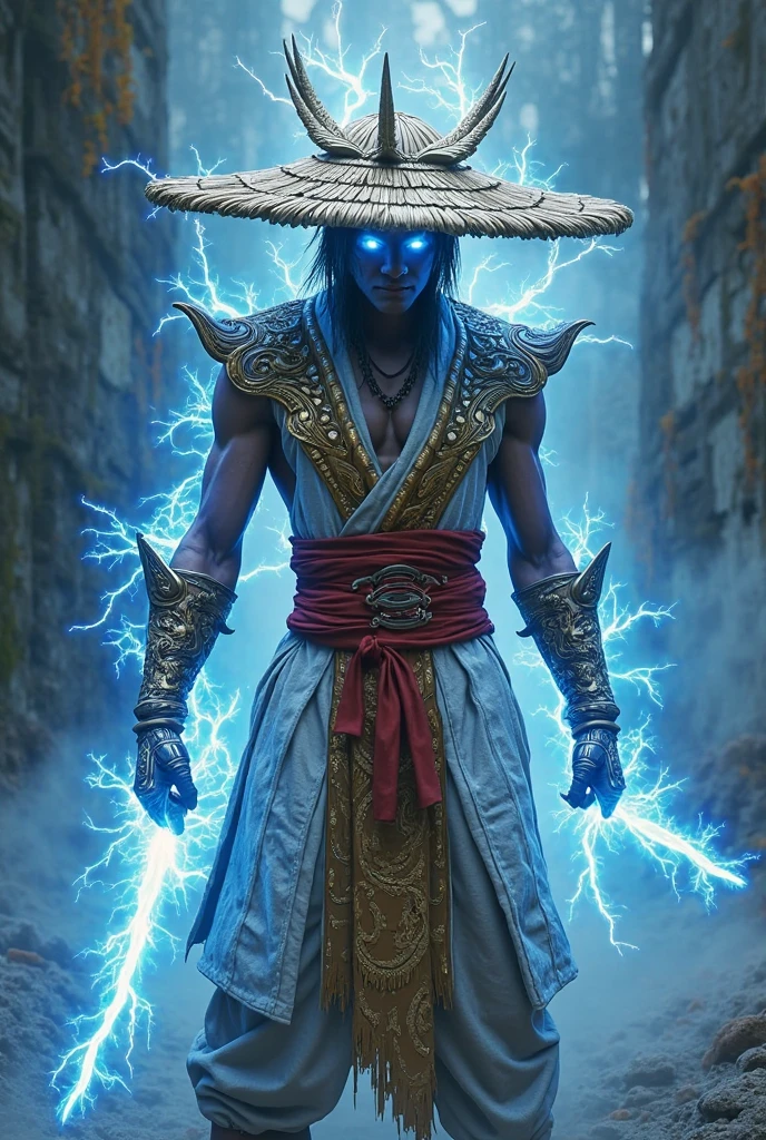 "Create a highly detailed digital painting of Kenshi from Mortal Kombat. Kenshi is standing in a dynamic fighting pose, his red headband flowing in the wind. His iconic katana is unsheathed and glowing with a mystical blue energy. The background is a dark, mystical forest with fog and eerie blue lights illuminating the scene. Kenshi's blindfolded eyes and determined expression should reflect his intense focus and warrior spirit."