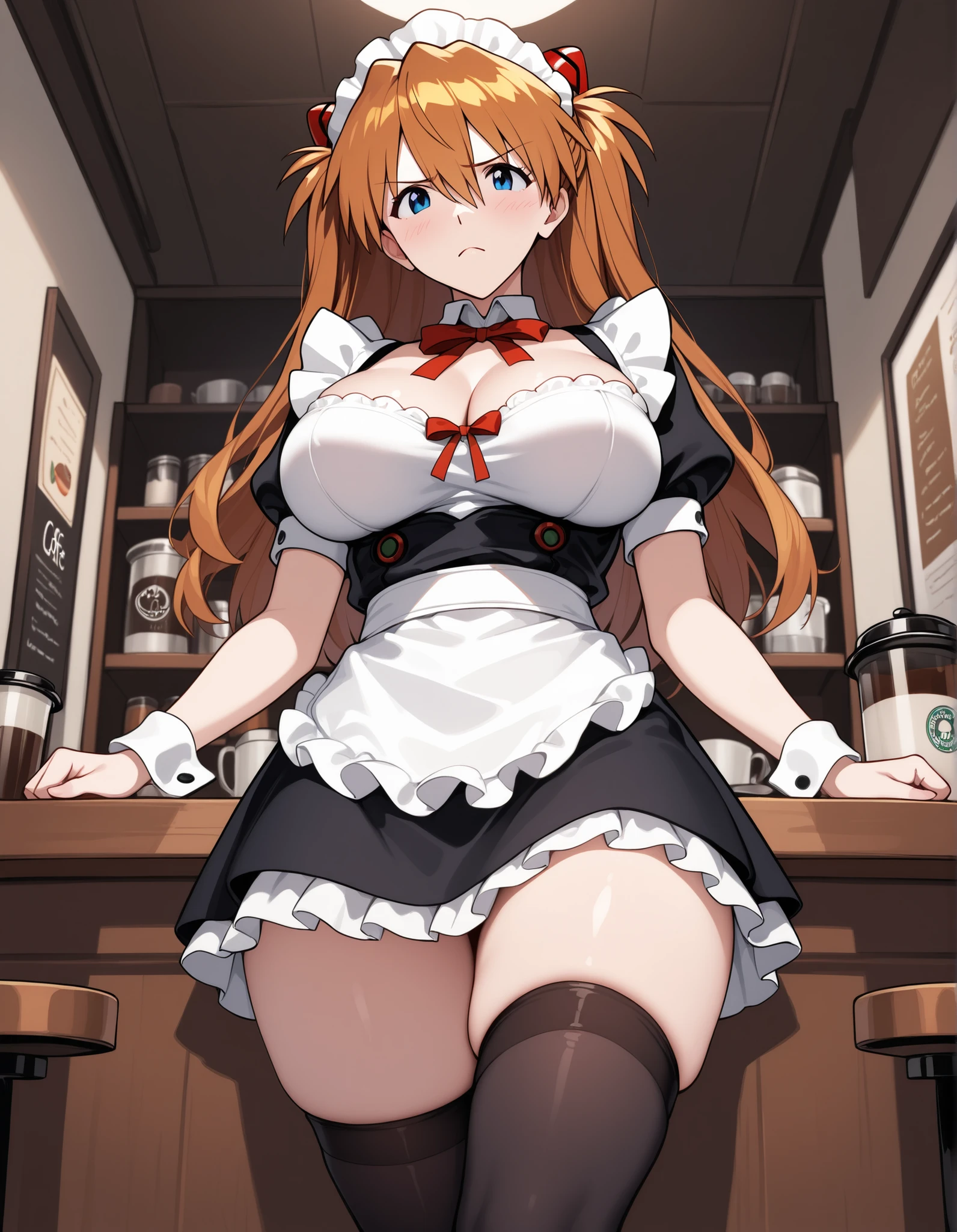 /draw ai_generated curvy_body curvy_female curvy_figure The average cup size female_only huge_breasts looking_at_viewer +maid solo_female solo_focus stable_diffusion waitress orange_hair green_eyes lifts the skirt showing black panties legs in pantyhose --auto --s2