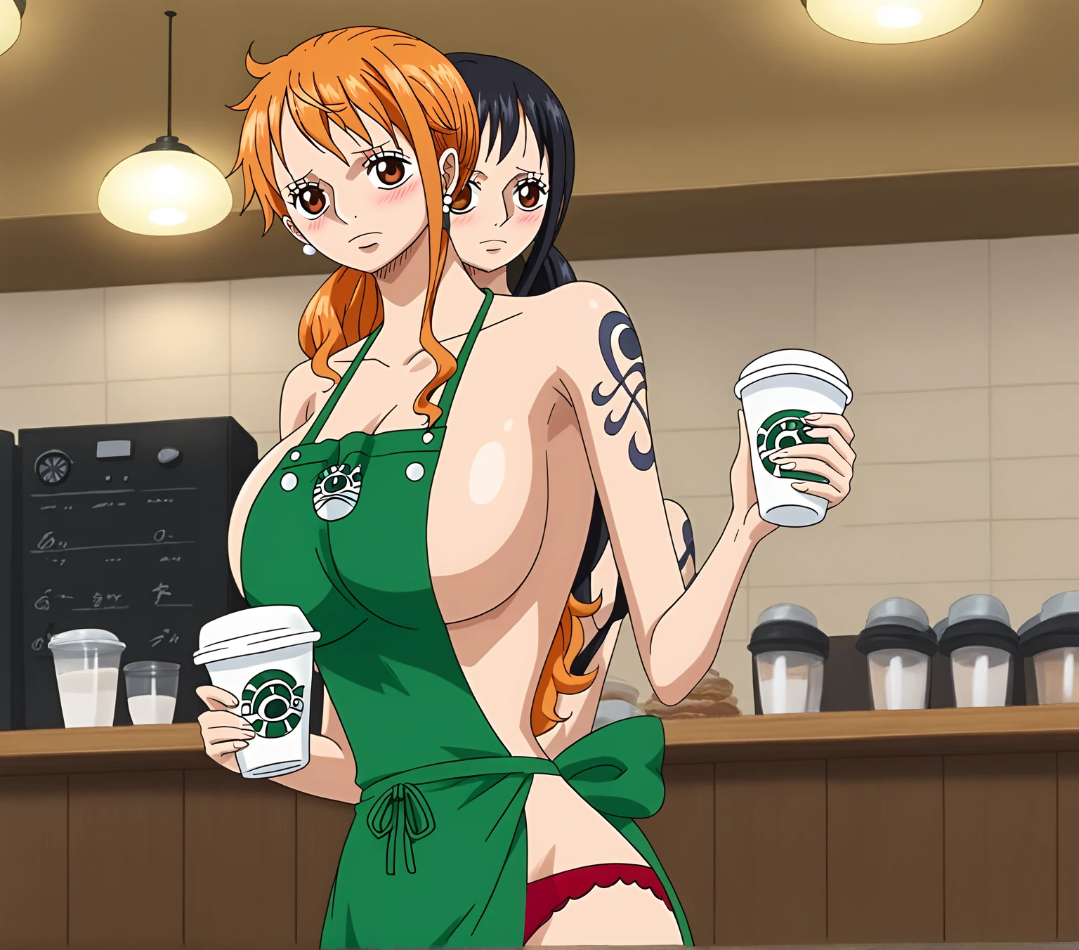 score_10, score_9, score_8_up, score_7_up, score_6_up, score_5_up, score_4_up, BREAK, source_anime, 2girls hugging, (Nami) and (Nico Robin with combed back hair), one piece, smile, micro bikini bra, white brim, micro maid waist apron, cuffs, bow, zettai ryouiki thighhighs, looking at viewer, (sagging huge_breast), erect nipples, dirty dark large areola, (skinny, slim legs), milf, natural armpit hair, Unshaven black Pubic Hair, nsfw, front view, standing, hand on hip, in the restaurant, one_piece_wano_style, The two of them rubbing their nipples together
