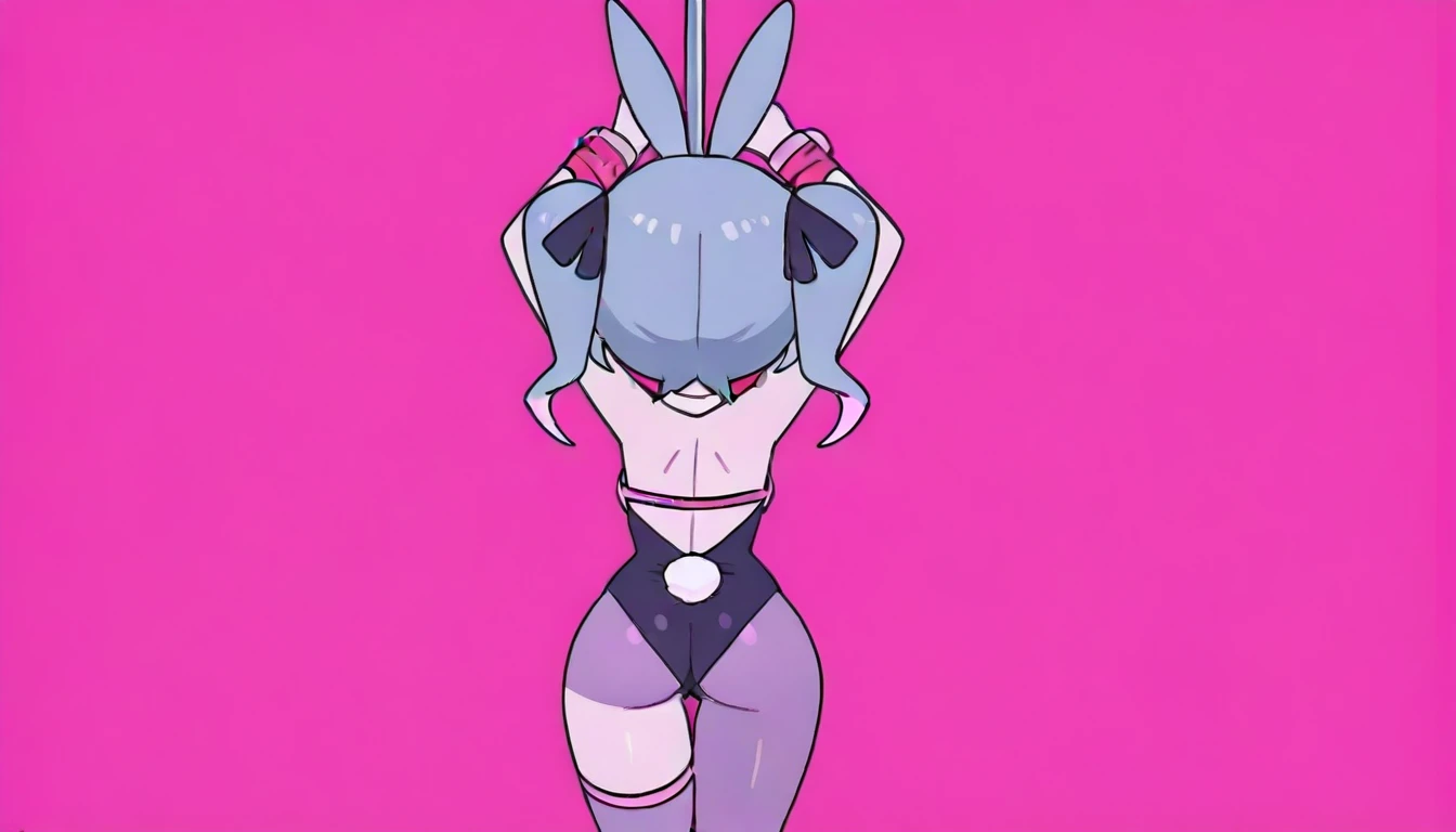 Thin anime girl with blue hair on her back dancing on a pole. The girl's hands are tied to the pole with police handcuffs.
