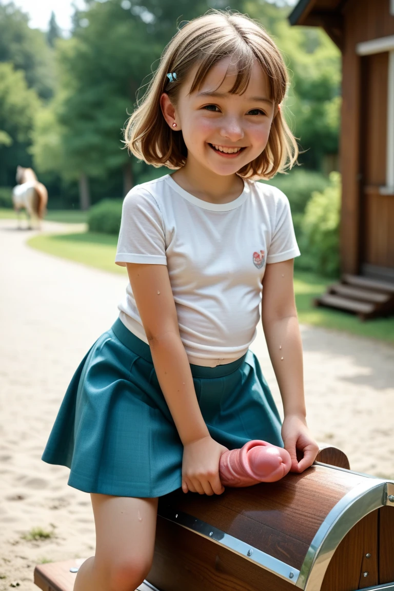 beautiful 10 year old blonde muscular bodybuilder children girl with big muscles wearing a cute long shirt, skirt, freckles, being outside