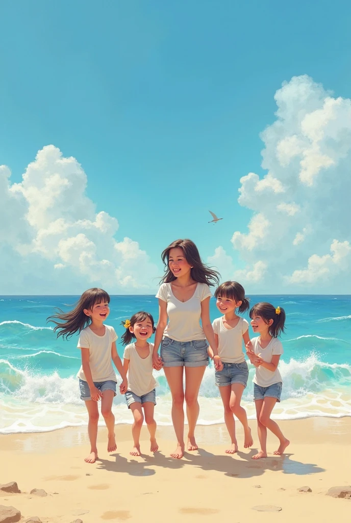 Jennie and Lisa on a beach with 2 daughters