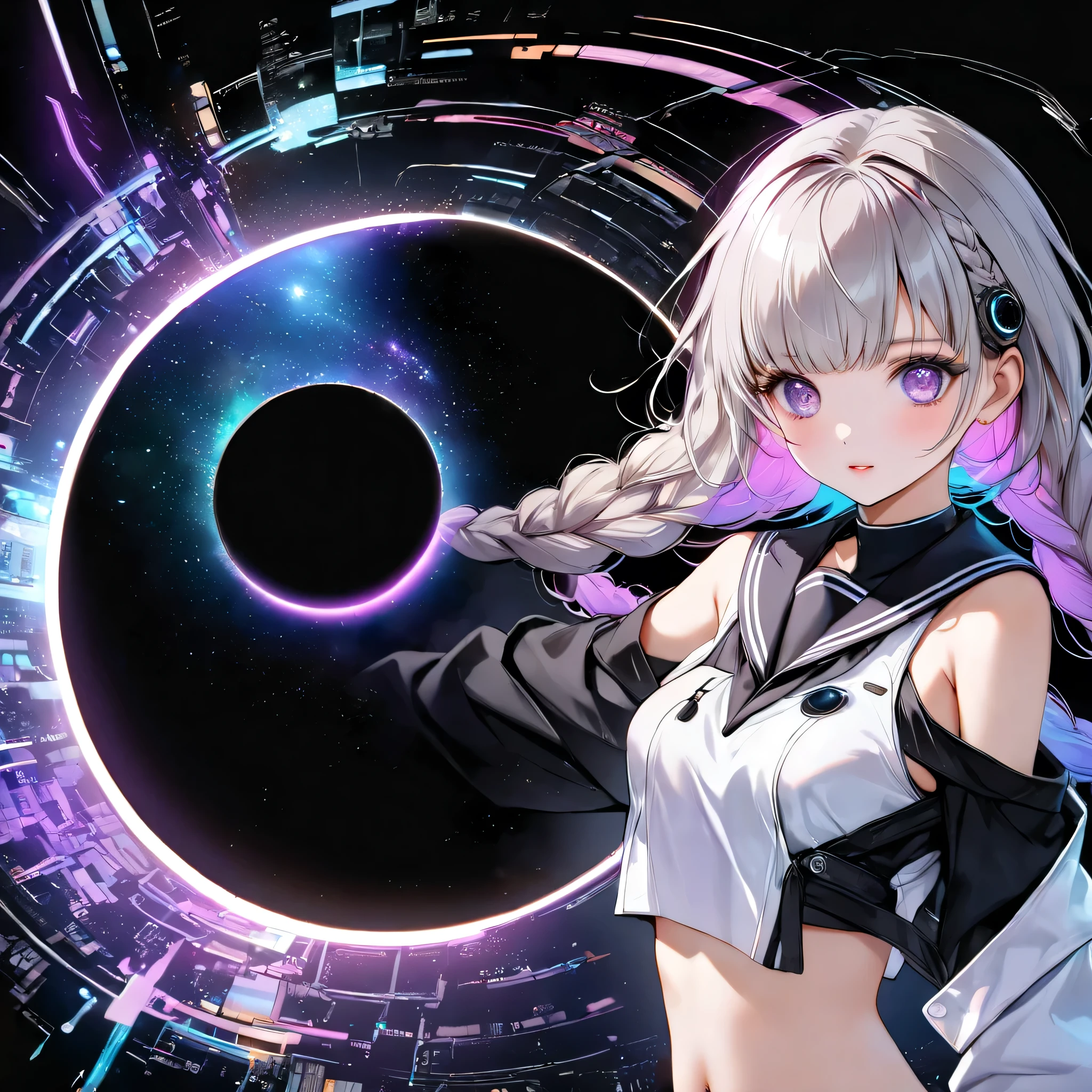 pops out composition、Fantasy World、Neon color electronic circuit on black background、Best Details、The World of Electronic Circuits、near future、Neon Colored Electronic Circuits on a Simple Black Background、(((Kakuhime with her upper body sticking out of a black round hole))),1GIRL,pretty face、Baby Face、(((dynamic best composition、Highest Quality、Max Masterpiece、Super Detail、after being played in high definition、CG、HHD、１６K))), （woman wears long purple and white gradation braids),Bare shoulders, black skirt, Gray Hair, （high school girl/new design sailor suit fused with sailor suit and cyberpunk、white loose socks、 shoulder、black loafers 、 Side Cutout,exposed navel, Side Cutout、The sailor suit line is neon color）、neon color palette、 Clear Outline 、Detailed purple gradient eyes、fashion that glows in the dark、