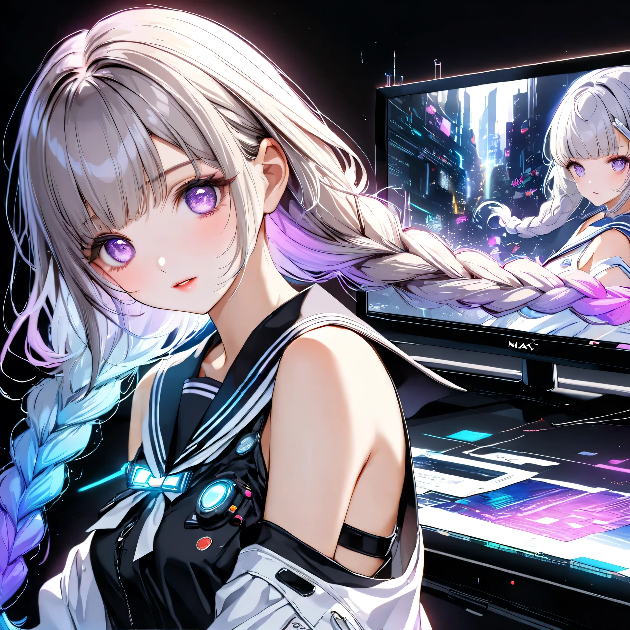 pops out composition、Fantasy World、Neon color electronic circuit on black background、Best Details、The World of Electronic Circuits、near future、Neon Colored Electronic Circuits on a Simple Black Background、(((Kakuhime popped out of a huge monitor))),1GIRL,pretty face、Baby Face、(((dynamic best composition、Highest Quality、Max Masterpiece、Super Detail、after being played in high definition、CG、HHD、16K))), (woman wears long purple and white gradation braids),Bare shoulders, black skirt, Gray Hair, (high school girl/new design sailor suit fused with sailor suit and cyberpunk、white loose socks、 shoulder、black loafers 、 Side Cutout,exposed navel, Side Cutout、The sailor suit line is neon color)、neon color palette、 Clear Outline 、Detailed purple gradient eyes、fashion that glows in the dark、