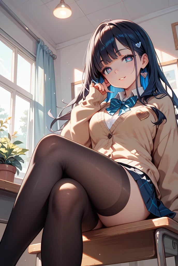 very cute and beautiful girl,(Very detailed美しい顔), (smile),blush,Black Hair,Seraphim,(White Shirt、Pleated navy blue pread your legs、Squat)、Sitting、(From below)、(Black tights、Lacy white panties), Country road, (Highest quality,masterpiece:1.0),Absurd,High resolution,Super detailed,Very detailed,32K,8k resolution, Intricate details,Movie Scenes,Detailed Background,alone,Dynamic Angle,