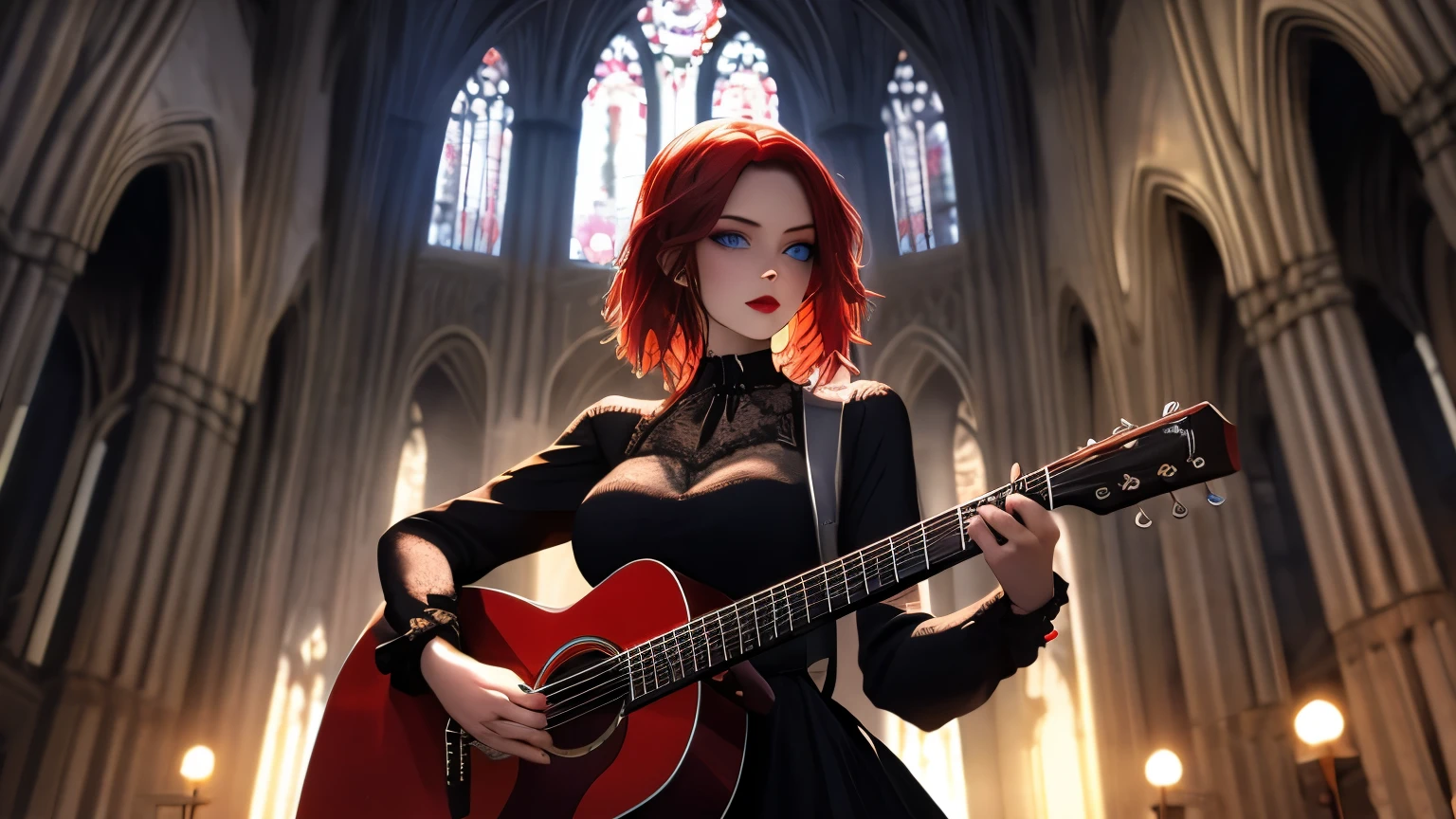a goth girl with red hair and blue eyes wearing a black dress playing guitar in a cathedral,