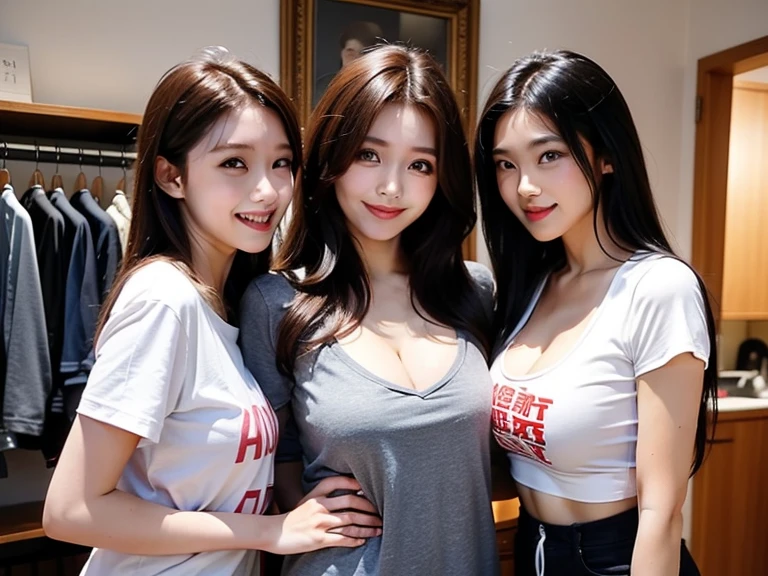 beautiful multiple girls standing side-by-side, breasts pressing together, gigantic breasts massive breasts huge breasts dramatic pose vibrant color NSFW cute smile cute face, best quality, cinematic photo
