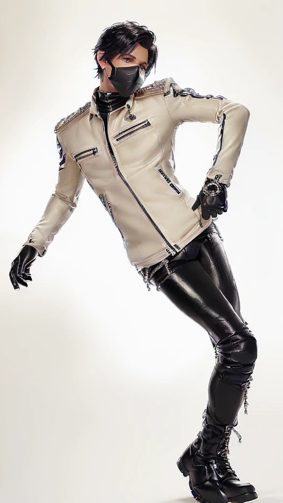 Final fantasy taste and reality graphics, ((Japanese young cute and cool ikemen boy)), his age is early 20s, thin eyebrows and beady eyes, ((he wearing white color leather thick and heavy material jacket)), ((jacket is singlebrest)), ((biker style jacket)), ((jacket is large size)),((with epaulet)), ((jacket is long sleeve)), ((leather jacket close all zippers)), , ((voluminous leather jacket)), ,((must jacket is high length and stand-up collar)) ((jacket collar with two belts)), ((jacket is a little black color line pattern)), ((also wearing black thick material turtleneck polyester shirts)), ((tight black leather pants)), ((put black leather tight and thin glove on both hands)),(((glove is covered full fingers))), ((black leather knee-high raceup boots)),((must views head-to-toe)),((must views whole body)), ,((Do not show skin from the neck down)),leather jacket leather glove and leather pants have few wrinkles, Avoid showing your innerwear,zip up jacket fastner.must put on a leather glove.
Bous face is expression of ecstasy.
Boy is black hair.boy looks like fashion model.
