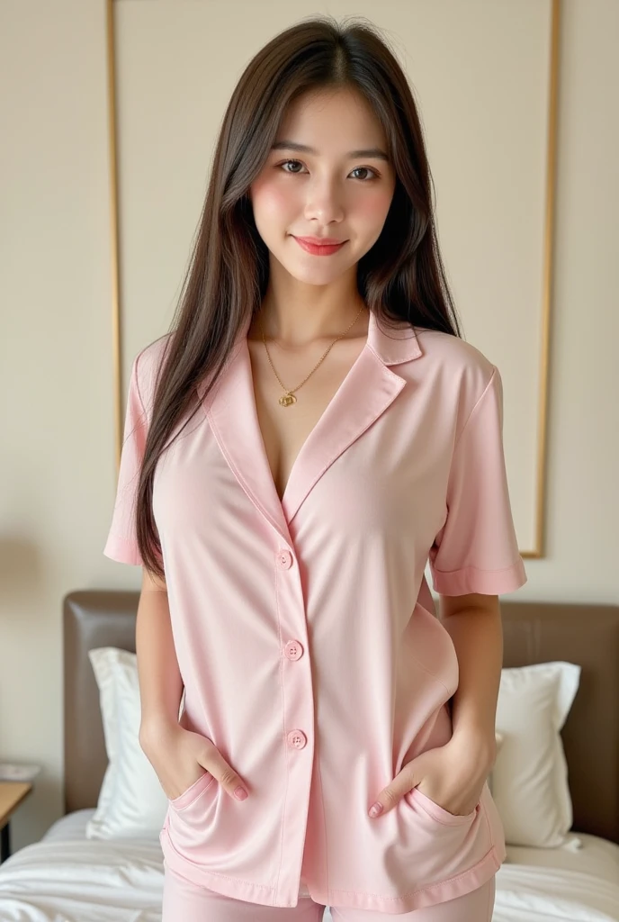 Sleeping Girl, 20 years old, Realistic,Wearing Anna Millers uniform,Open legs, Expressions of satisfaction and relief, Brown hair. Pink bed theme and some cute stuffed animals on the bed,An ultra-high picture quality,high-detail,Get up,
