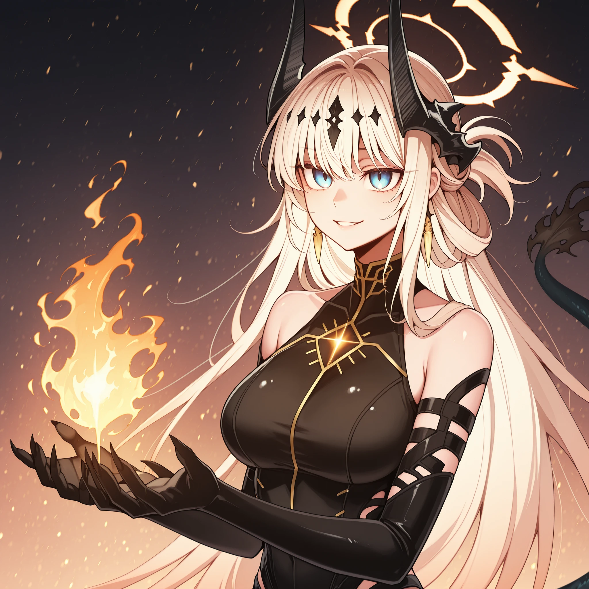 (masterpiece, best quality), fantasy, demon girl, demon horns, solo, upper body, crazy eyes, crazy smile, crazy, magic circle, energy, aura, dark aura, casting spell, fire, fireball, floating, floating hair, explosion, glowing, glowing eyes, taut clothes, taut dress, torn clothes, torn cape, light particles