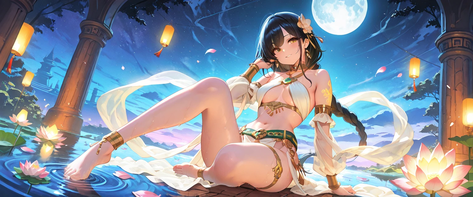 ((Top Quality)), ((Excellent)), (Details), ((Kisshōten)),((Lakṣmī)) ,((God who manifests happiness, beauty, and wealth)), ((Golden peach on the left palm Kichijoten)) nice hands, perfect hands ,Lakṣmī, Goddess,full body,Sunrise, Ultra-Realistic, Stunning Environment, Bright Colors, 13 Years Old,((Robe on half body)), shiny hair, a Girl ,((Blue Eyes)) , Black Hair, ((Gold Robe)), ((half-smile)),(high ponytail), ((Golden peach on the left palm Kichijoten)) ,Twin bun hairstyle ,corolla,((upper body)),Flower hairpin,Golden Peach, Sunlight, ((naked)),Golden Peach ,((topless)), ((Halo)),((Lots of flowers)),((Lots of bubbles)),((Lakṣmī)), (Gold loincloth), ((naked)) ,((Kisshōten))((topless)), Robe on half body,Gold Robe, Gold loincloth, ((upper body)), ((Lakṣmī Standing on a lotus flower)),Halo,((corolla)), Standing,((Lots of bubbles)),((upper body)),Standing,Flower hairpin, shiny hair, Twin bun hairstyle, Golden Peach ,((Moderate Breasts)),((Robe on half body)), (half-smile), ultra realistic,((Gold loincloth)),Kisshōten,((naked)),Standing, best quality, blunt bangs, Lotus flower,