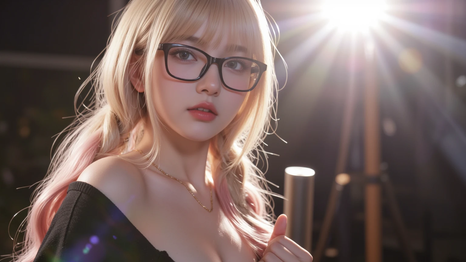 tmasterpiece,Best quality at best,A high resolution,8K,(portrait),(Close up of avatar),(RAW photogr),real photograph,digital photography,cyberpunk scientist,20-year-old girl,((very big breasts,nude,nake)),Long ponytail hair,Forehead bangs,(blonde hair),Red eyes,(Black framed glasses),Keep your mouth shut,Redlip,Brave and charming,The scholar,Photo pose,Sci-fi style laboratory,White room,oc render reflection texture