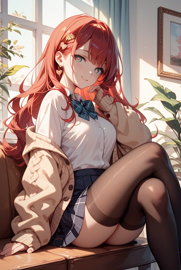 (masterpiece, best quality:1.5), (ultra detailed, high resolution, 8k, beautiful detailed, UHD, best anatomy), red hair, medium breasts, 1 cute girl, cardigan, short skirt, Leggings, Looks like fun, zettai ryouiki