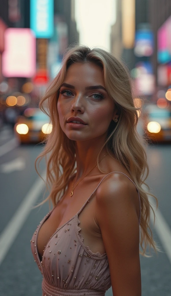 Dans le cœur vibrant de New York, une femme blonde aux yeux bleu clair se distingue par son allure remarquable en robe de luxe. Elle porte une robe élégante, au design audacieux et sophistiqué, qui épouse parfaitement ses courbes généreuses tout en mettant en avant ses traits avec une sensualité raffinée. La robe, en tissu luxueux comme la soie ou le satin, arbore des détails comme des découpes élégantes et des ornements subtils, accentuant son silhouette avec une touche de glamour. La scène se déroule dans une rue animée de Manhattan, avec les gratte-ciel emblématiques et les lumières scintillantes de la ville en toile de fond. L'éclat des néons et des lumières urbaines se reflète sur sa robe, ajoutant une touche d’éclat et d’excitation à l’ensemble. Elle marche avec une confiance naturelle, captivant les regards des passants et des photographes qui capturent ce moment glamour. Le contraste entre le luxe de sa tenue et l’énergie effervescente de la ville crée une image saisissante, où chaque détail est mis en valeur par la lumière et l’ambiance de New York, offrant une représentation à la fois élégante et provocante.