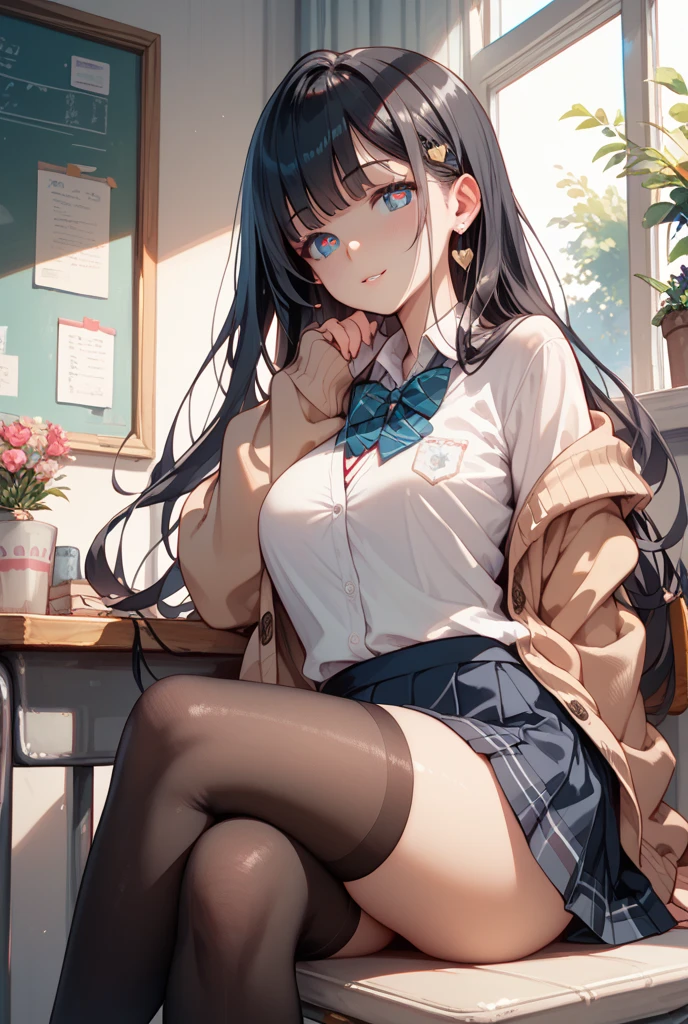 A beautiful anime woman sitting at a table,legs are open, 1girll, Boots, White underwear, Black hair, White panties, blackfootwear, Long hair, navel, upper legs , Spread legs, White panties, view the viewer, middle breasts , Classroom