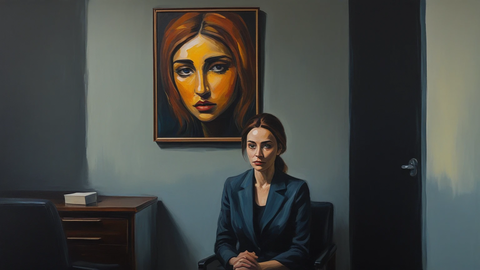 powerful woman sitting in space, portrait shot, by Drew Tucker, by Adam Marczyński, by Alexander Kucharsky, sitting at his desk, by Gavin Nolan, surrealism 8k, by Jason Felix, yuri shwedoff and tom bagshaw, illustrative art, erik johansson style
