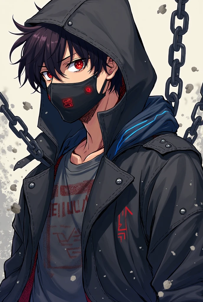 masterpiece, best quality, illustration, science fiction, black red theme, 1boy, solo, male focus, looking down at viewer, hands in pockets, skinny, detailed messy grey hair, glowing green eyes, black techwear coat, black mouth mask, wire, cable, (backlighting), hair_over_one_eye, night, darkness