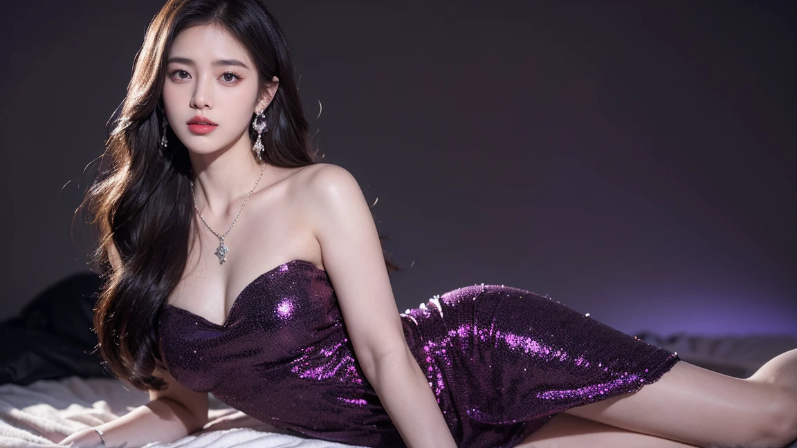 Top CG, Highest image quality, masterpiece, Gentle and beautiful girl, (185cm美女), (fit), Imperial sister, Queen temperament, White skin, ((Long legs)), perfect facial features, Bright Eyes, Seductive pose, Red lips, Beautiful and cold (A major breakthrough)), Beautiful and heroic, Soft and long hair, sparkling, Lace, net, Visible through clear skin, wear glasses, diamond earrings, ruby neckLace, (Purple evening dress), 8K Image Quality, (Realistic Portraits), Characters fill the screen, (Facial lighting), ((eternity)