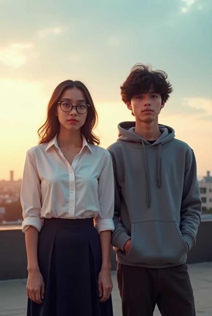 masterpiece in 8k, funny movie poster, schoolboy genre, idiot boy wearing glasses hugs a girl, in the background of a park school building,A road bridge, in front of the movie title"Bookworm