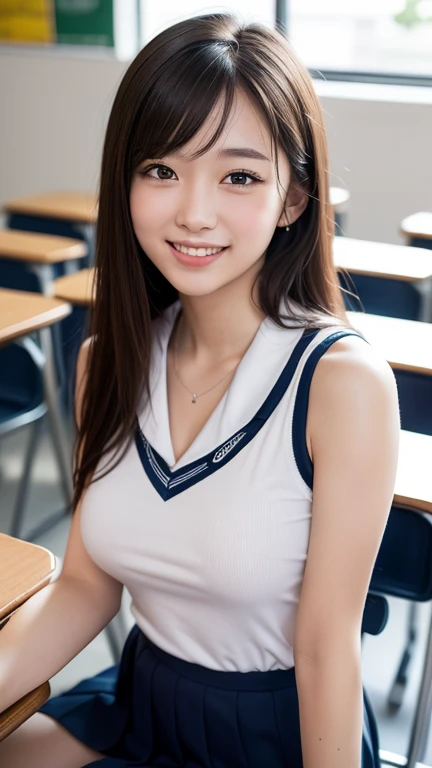 (Two elementary school students)、Young face、(White buttoned and collared shirt)、(Very short micro skirt)、(Looking at me with a smile)、Female in her early teens、(Big Breasts)、(A sleeveless shirt that accentuates the shape of the breasts)、classroom、Angle from below、(Nobody background)、Not wearing a bra、Her skirt is flipped up and her pussy is visible.、(Underboob)、(Exposing her belly)、(whole body)、Braid、Showing her side、(See-through)、Temptation Pose、(Cowboy Shot)